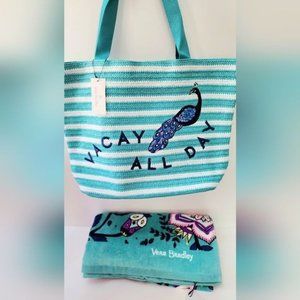 Vera Bradley Beach Towel, Straw Tote & Wallet BUNDLE in Peacock Garden …